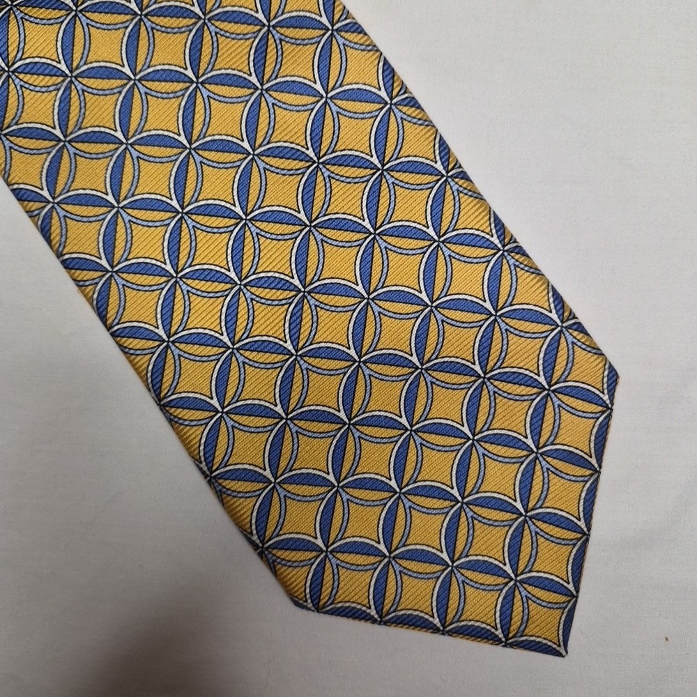Jos. A. Bank Mens Repp Tie‎ Yellow Blue Geometric Design Silk Italy XL Necktie - Picture 4 of 7